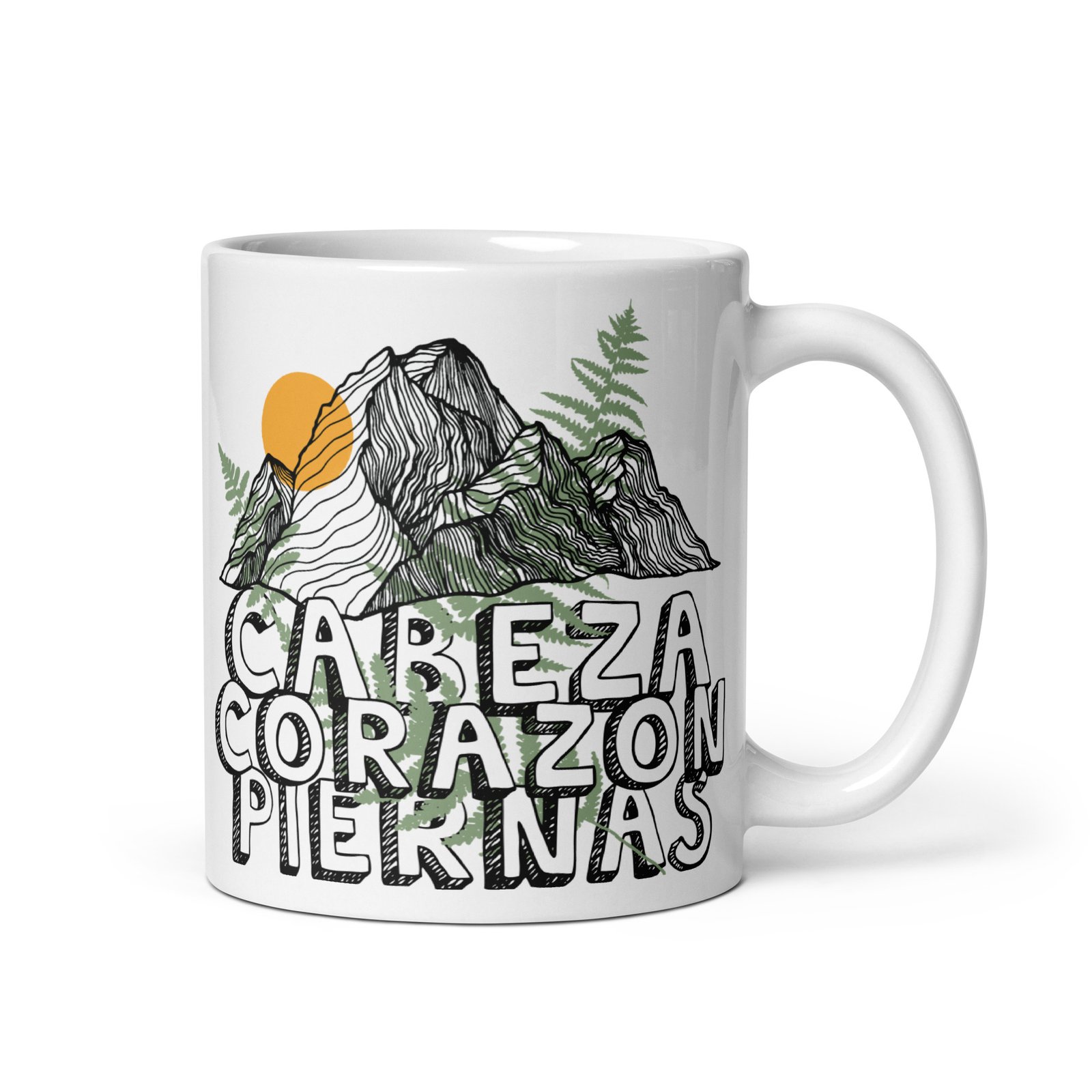 Taza trail running vista derecha. Diseño Cabeza, Corazón, Piernas.