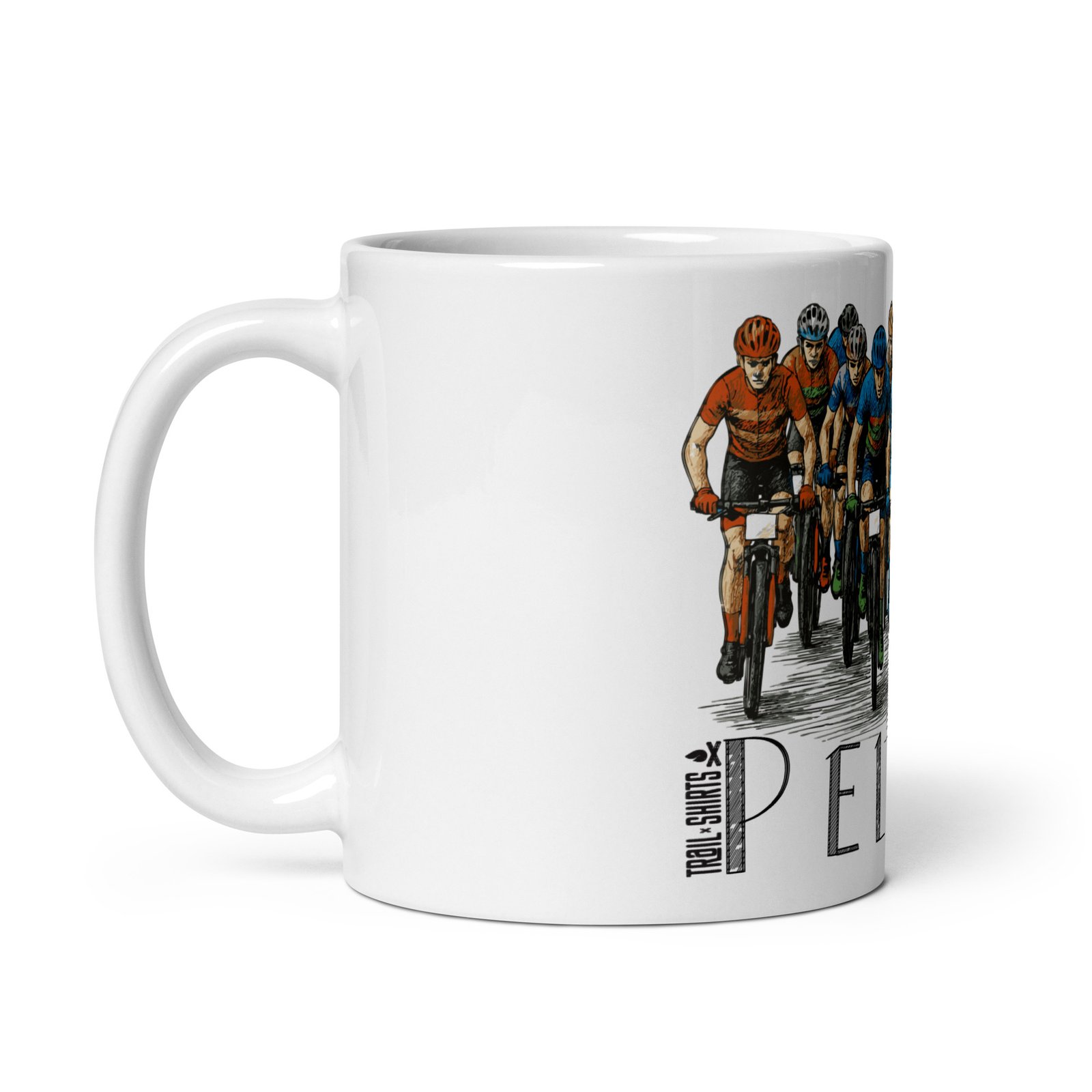 Taza cerámica blanca diseño pelotón ciclistas vista lateral izquierda trail-shirts fondo blanco