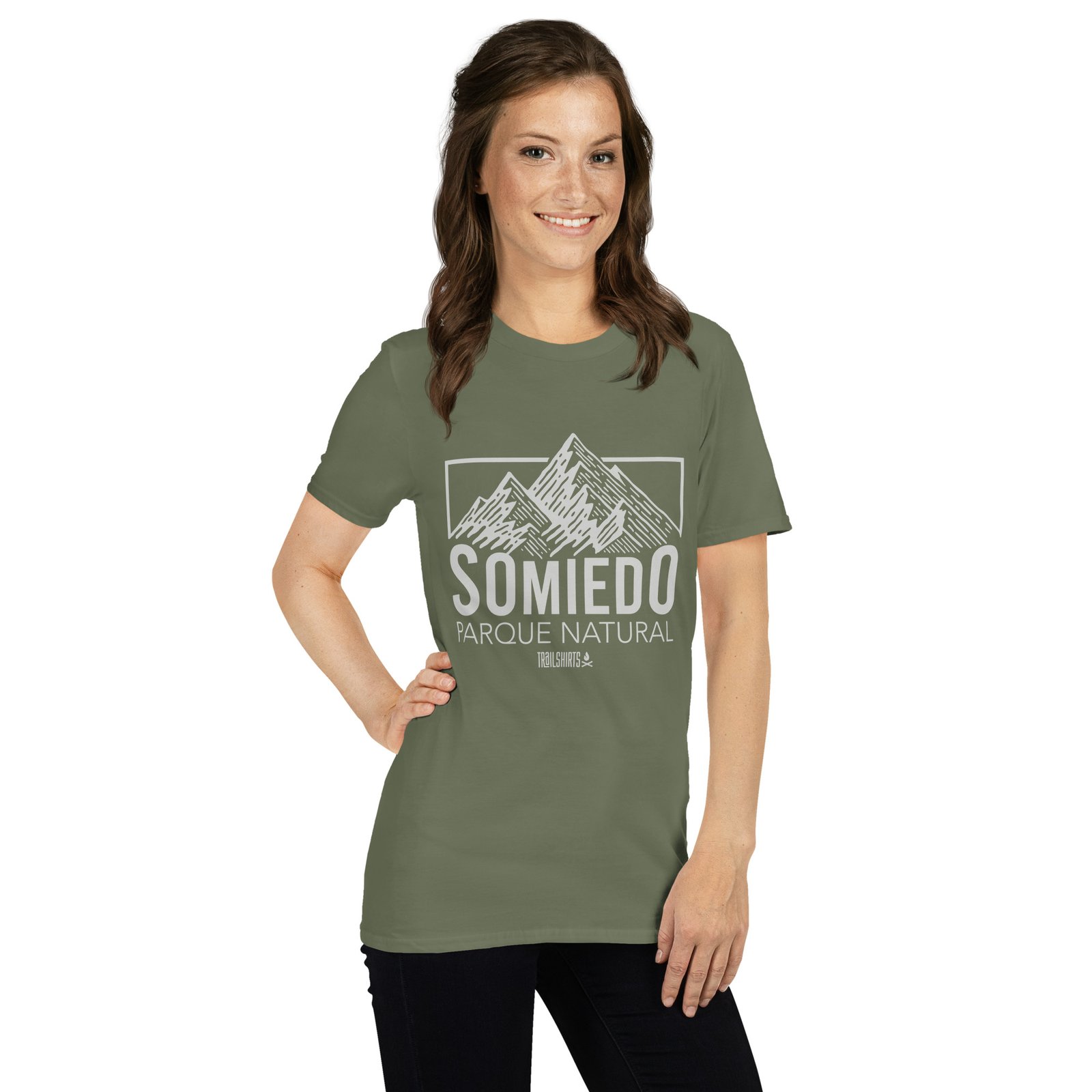 Camiseta verde militar para mujer con diseño de montaña SOMIEDO Parque Natural
