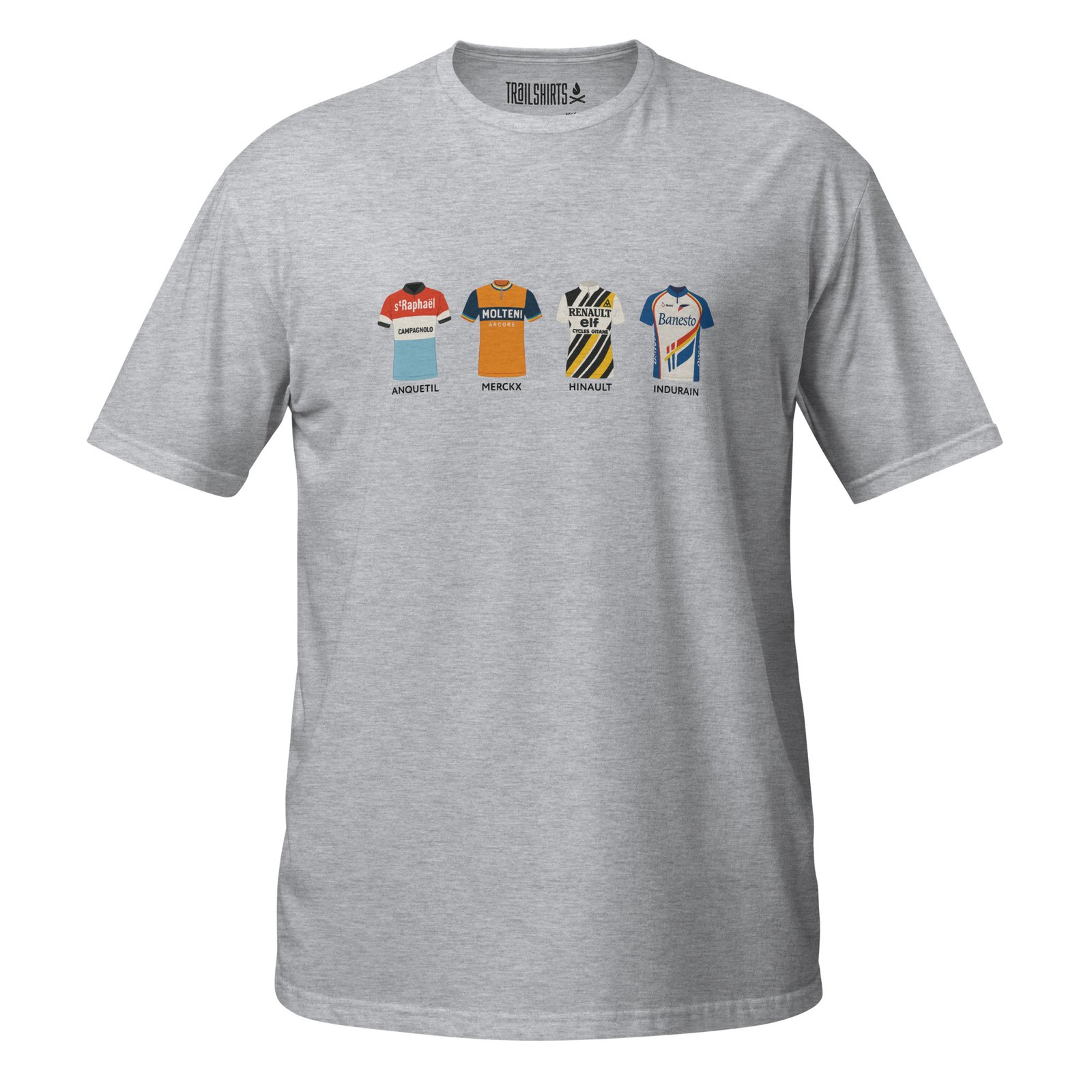 Camiseta gris claro unisex con diseño de leyendas del Tour de Francia y maillots clásicos