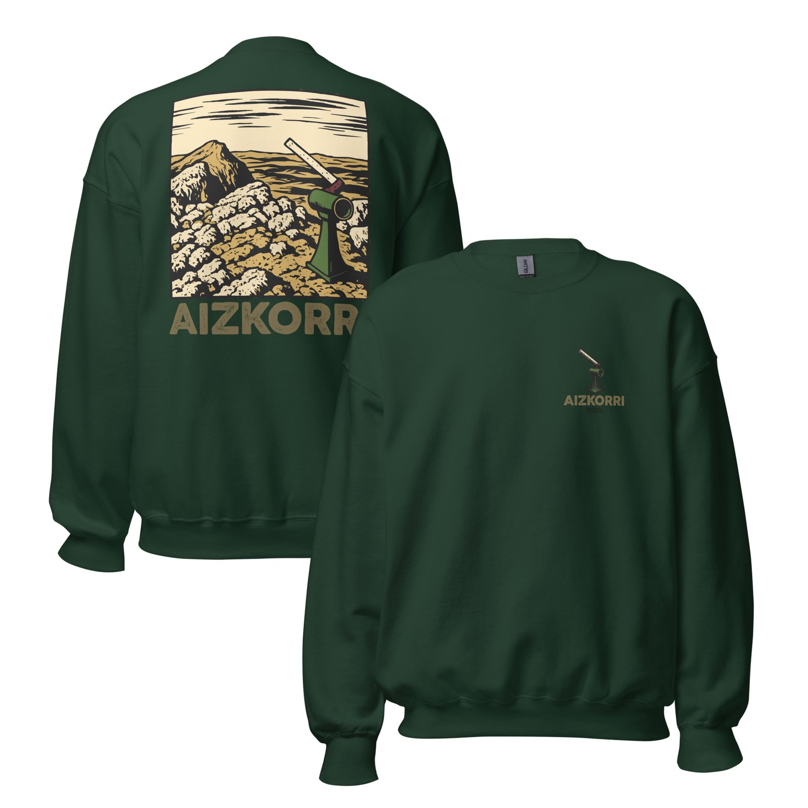 Sudadera Aizkorri unisex verde bosque con diseño de montaña en la espalda, sobre fondo blanco.