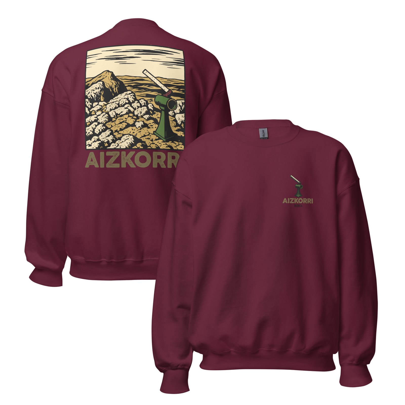 Sudadera Aizkorri unisex granate con diseño de montaña en la espalda, sobre fondo blanco.