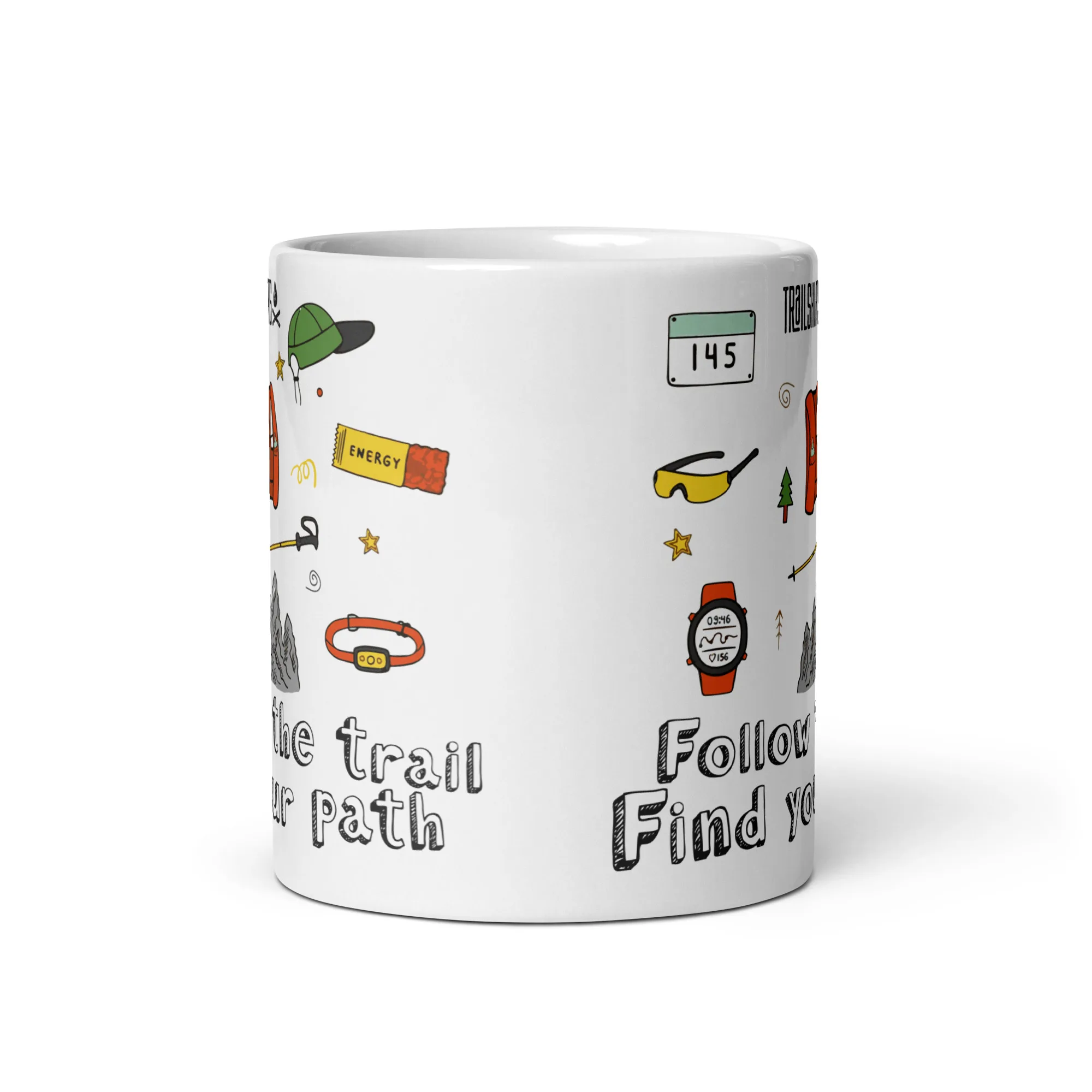 Taza cerámica blanca vista frontal con diseño Follow the Trail Find your Path completo outdoor Trail-Shirts