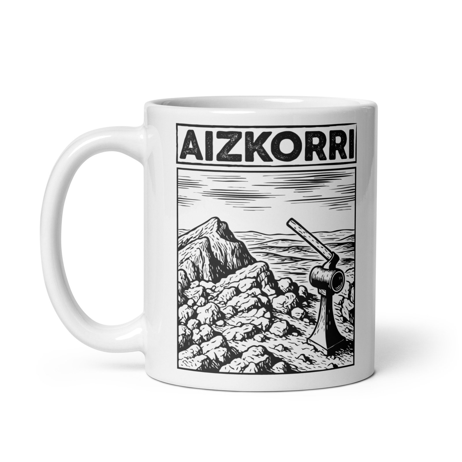 Taza de cerámica Aizkorri blanca con diseño detallado de montaña y un instrumento de medición, vista lateral izquierda, perfecta para amantes del aire libre.