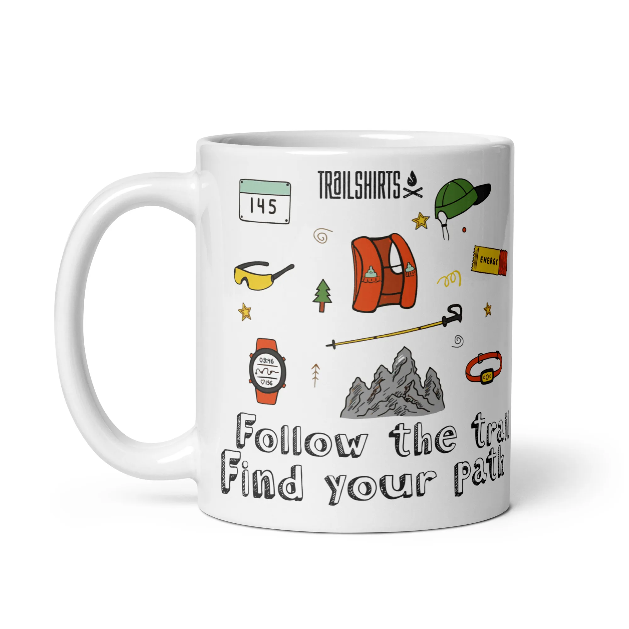 Taza cerámica blanca vista izquierda con diseño Follow the Trail Find your Path aventura outdoor Trail-Shirts