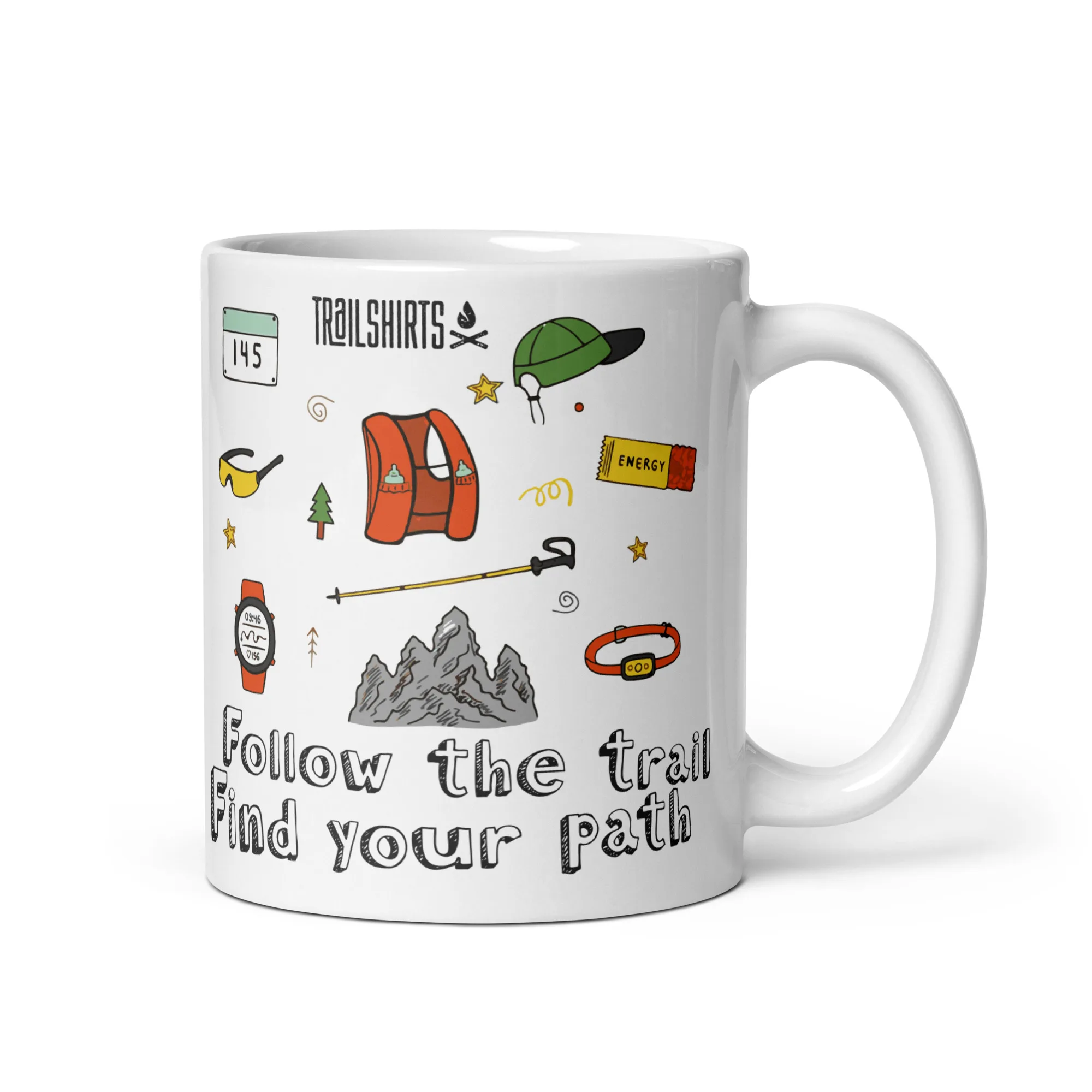 Taza cerámica blanca vista derecha con diseño Follow the Trail Find your Path elementos senderismo Trail-Shirts