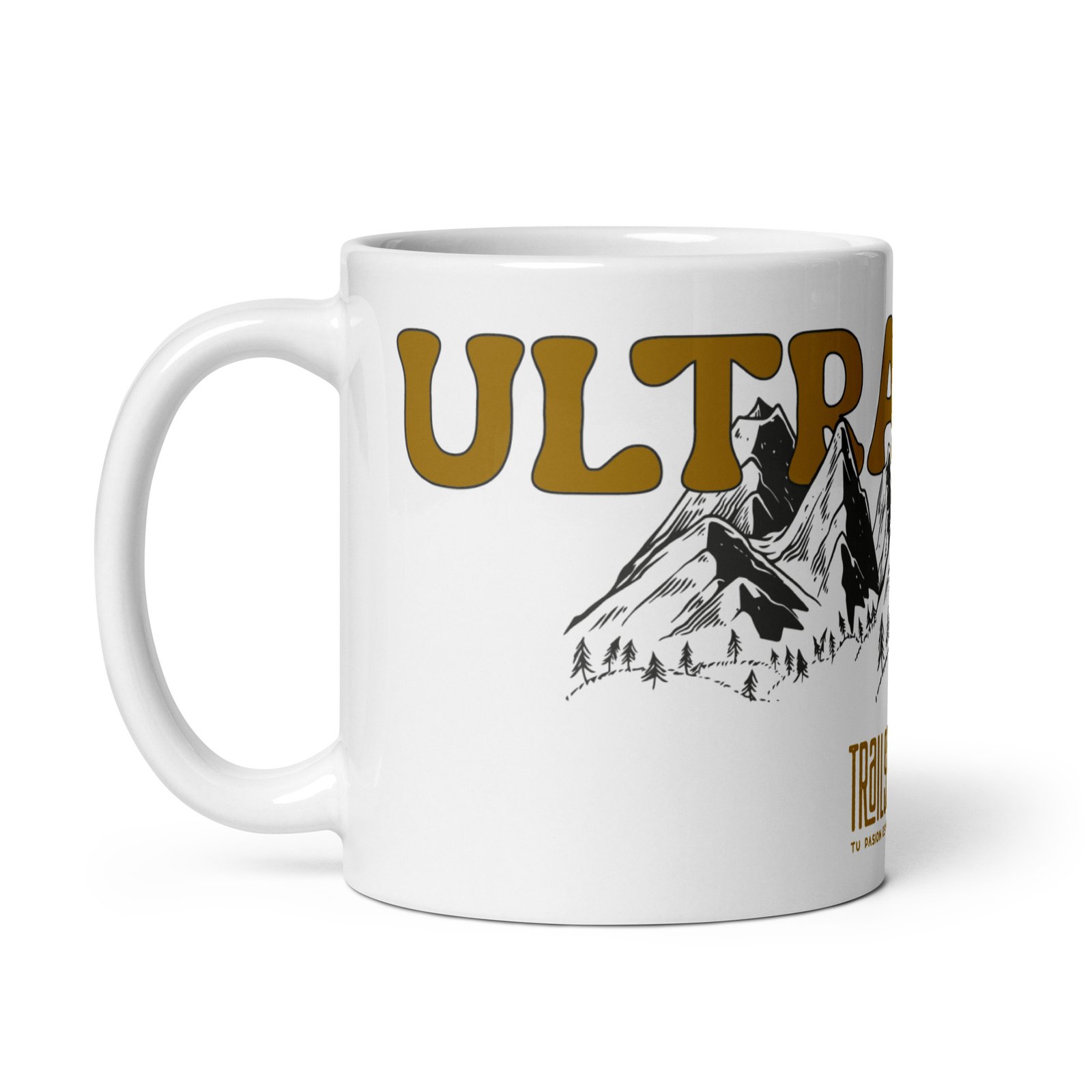 Taza vista izquierda con diseño UltraTrail y dibujo de montañas en cerámica blanca