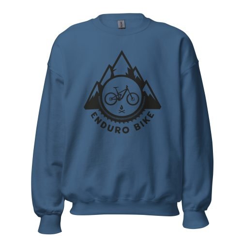 Sudadera unisex azul añil Enduro Bike con diseño de bicicleta y montañas