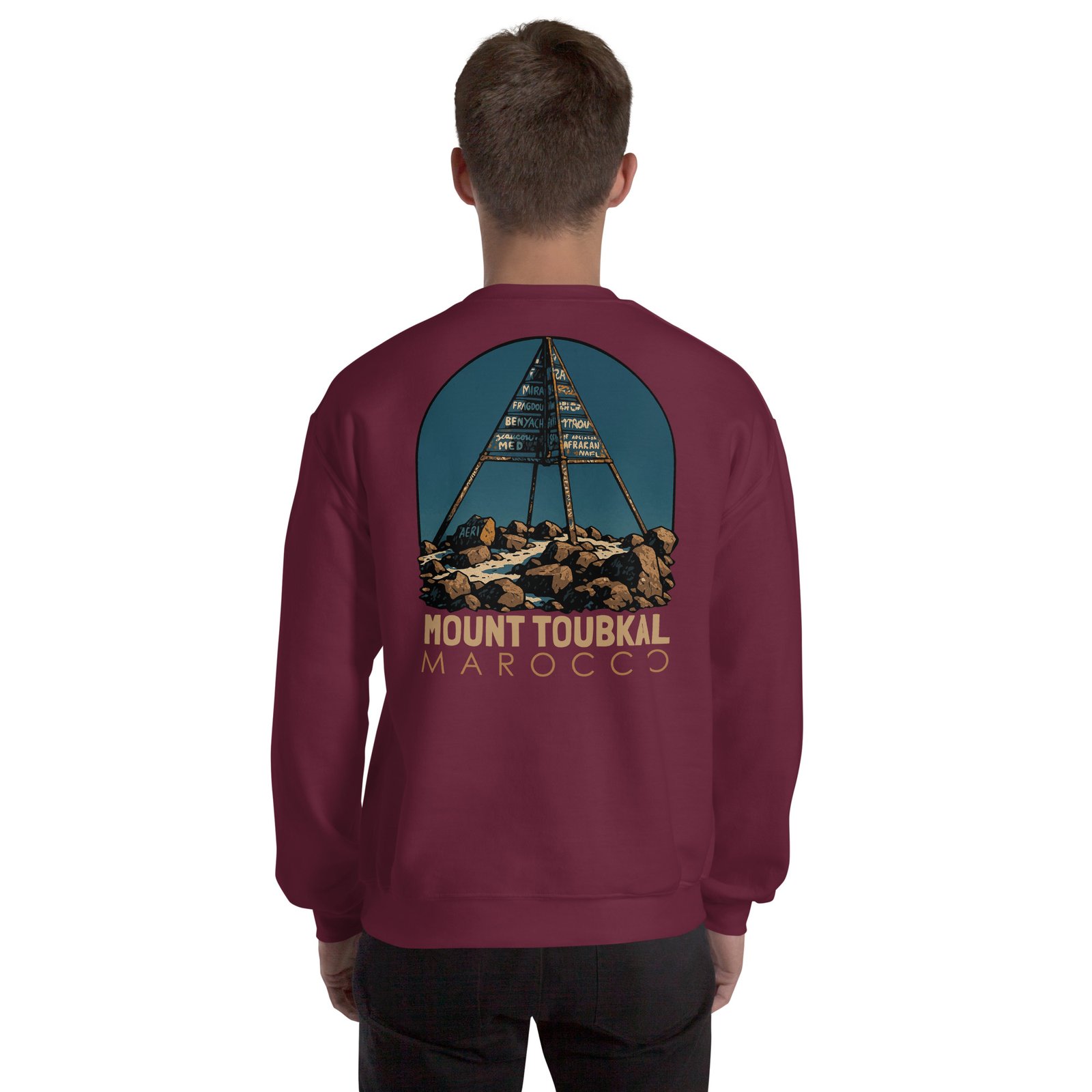 Sudadera granate de hombre de Trail-Shirts, con el diseño del monte Toubkal en la espalda.