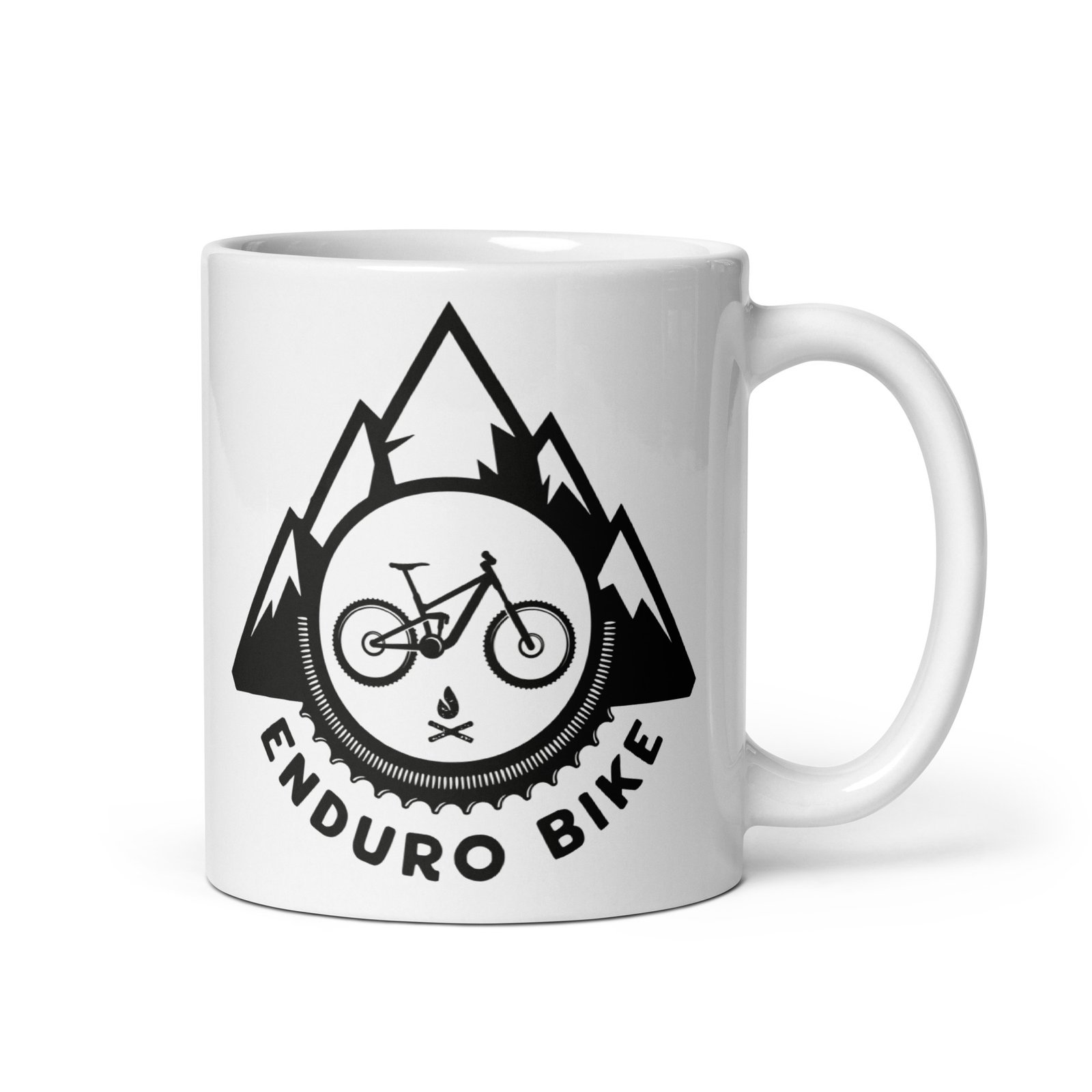 Taza Enduro Bike de cerámica blanca vista derecha con diseño de bicicleta y montañas