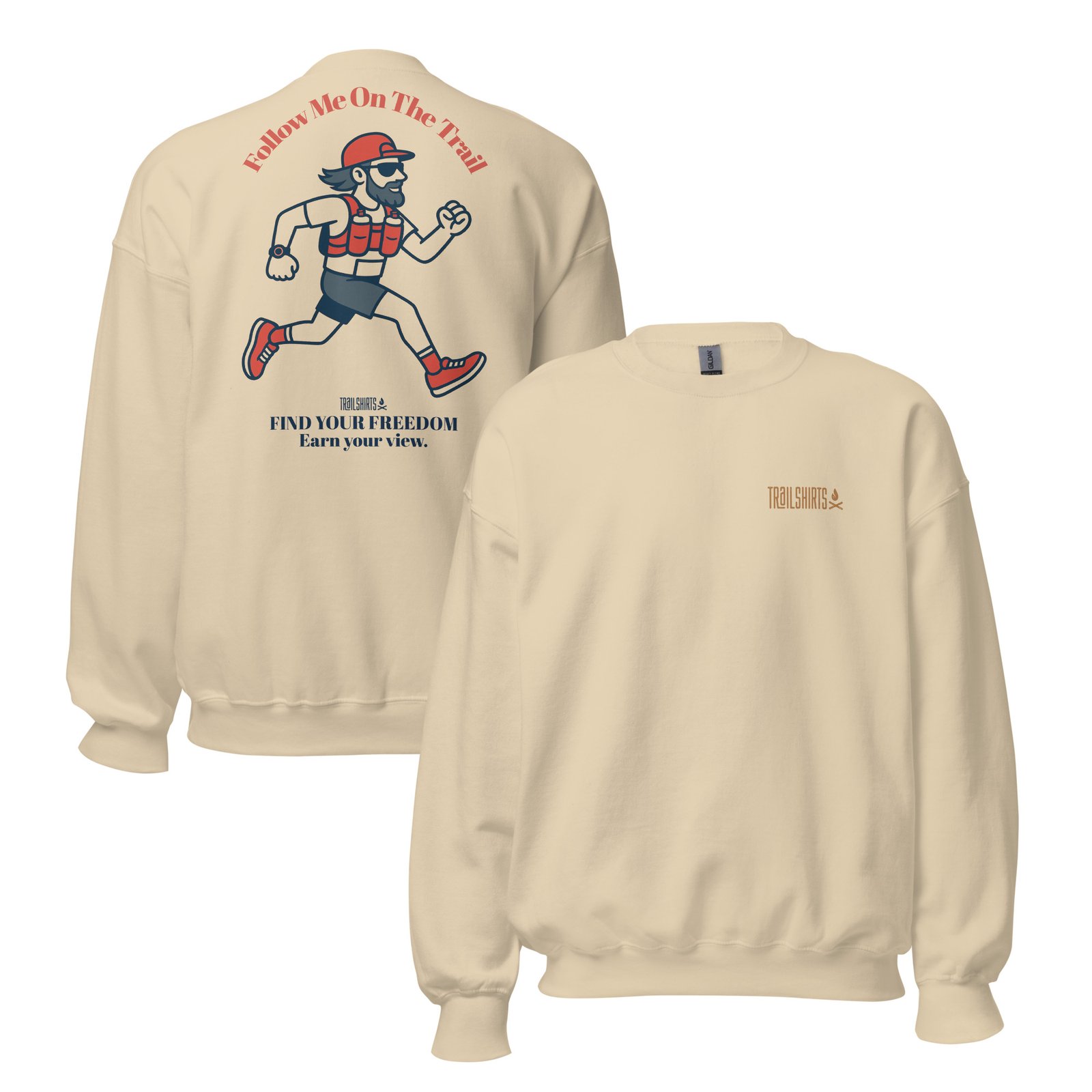 Sudadera unisex color arena con el diseño de "Follow me on the Trail" y un corredor en la espalda.