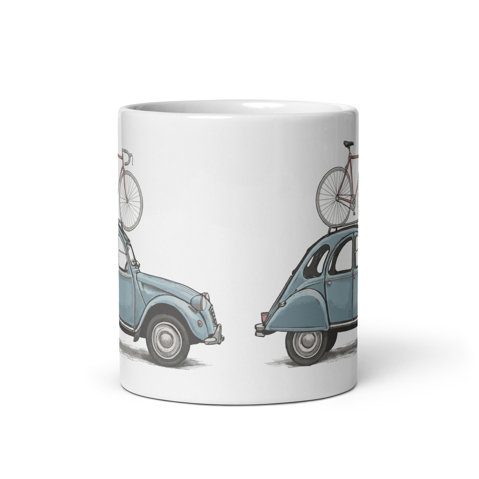 Taza cerámica Vintage Ride vista frontal con diseño retro de coche y bicicleta.