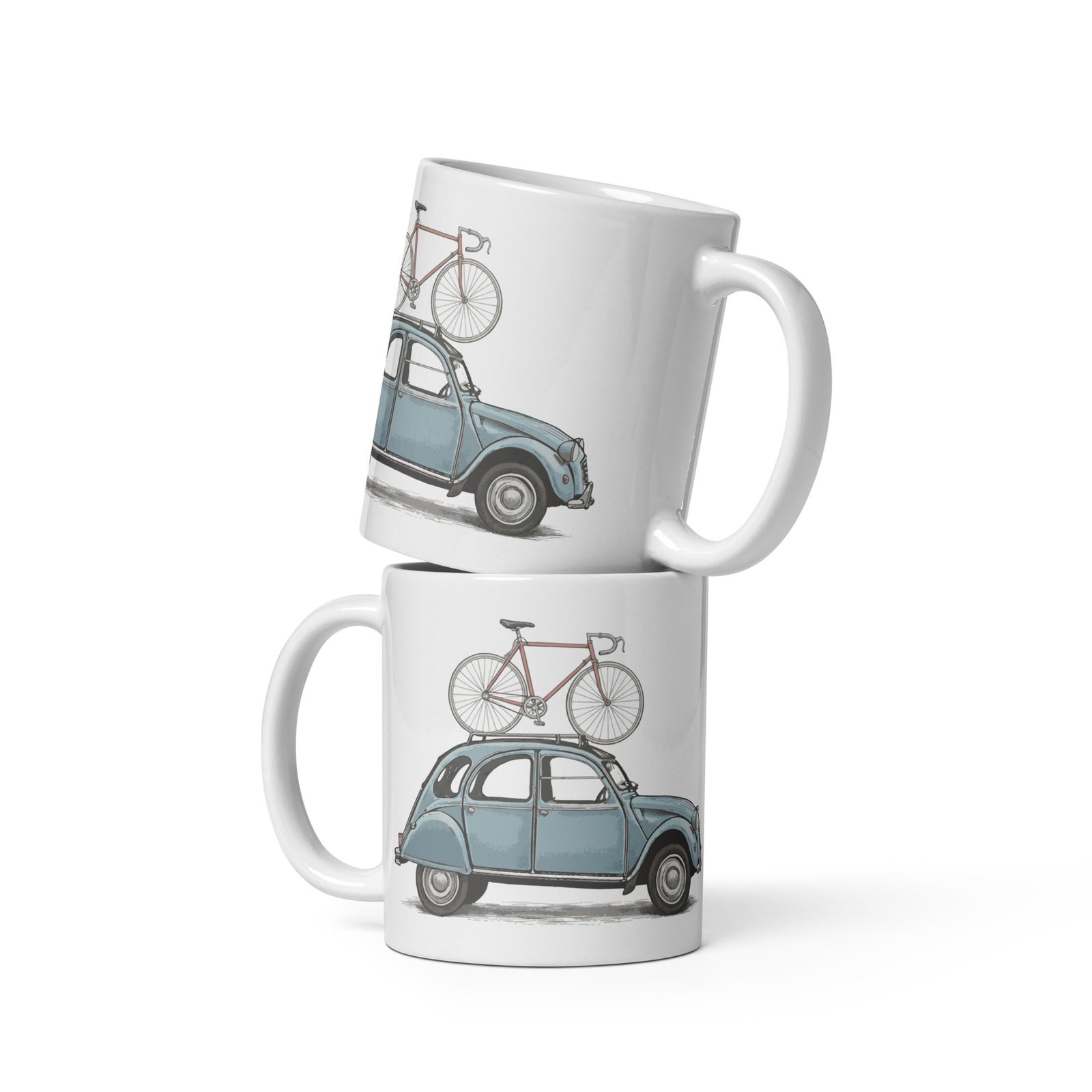 Dos tazas cerámica Vintage Ride apiladas con diseño retro de coche clásico y bicicleta.