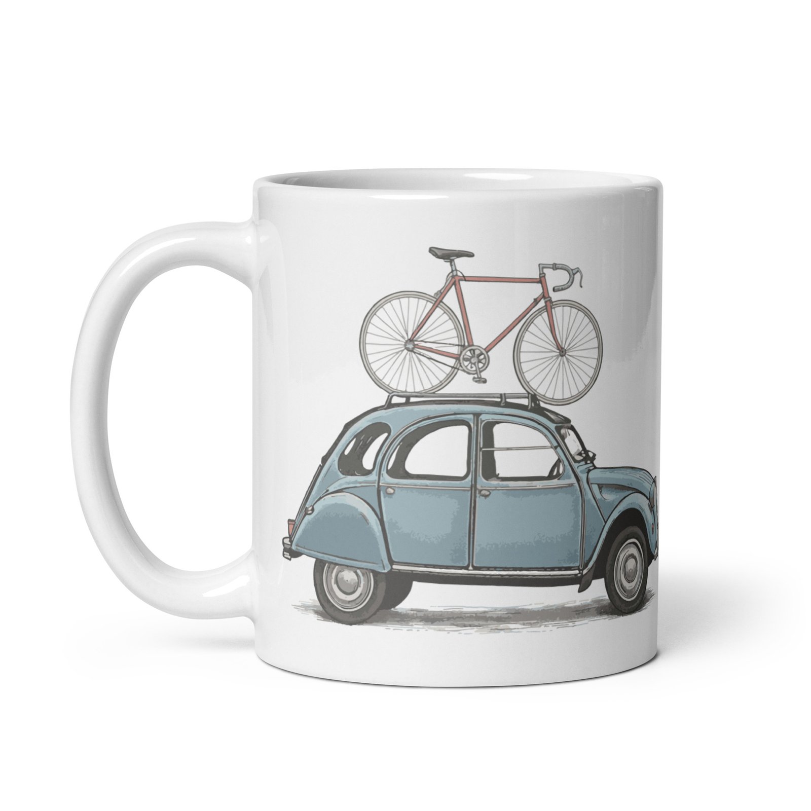 Taza cerámica Vintage Ride vista izquierda con diseño de coche clásico y bicicleta.