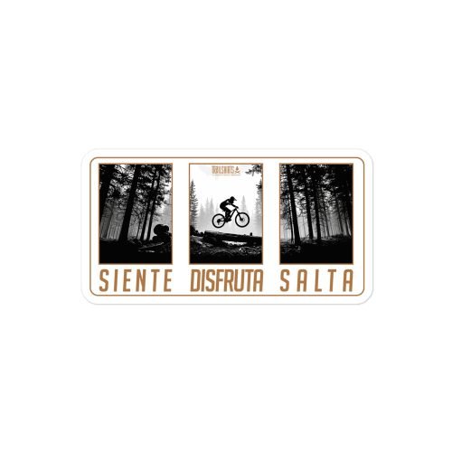 Pegatina vinilo MTB diseño triptico Siente Disfruta Salta fondo blanco ciclismo montaña
