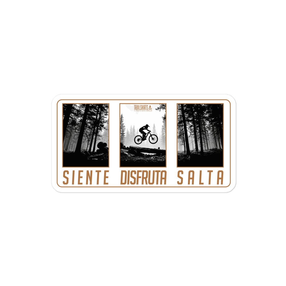 Pegatina vinilo MTB diseño triptico Siente Disfruta Salta fondo blanco ciclismo montaña