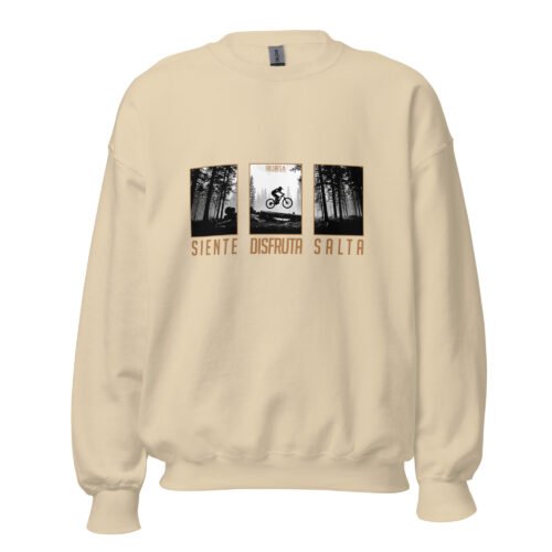 Sudadera arena unisex MTB diseño triptico Siente Disfruta Salta ciclismo montaña