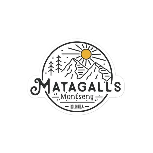 Pegatina vinilo Matagalls Montseny fondo blanco diseño circular montañas sol