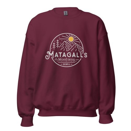 Sudadera granate unisex Matagalls Montseny diseño circular montañas sol