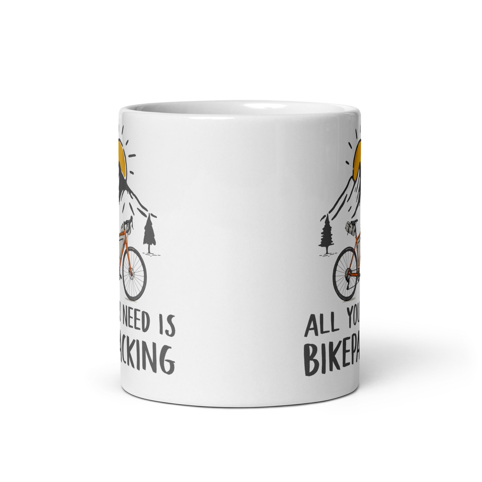 Taza ceramica All You Need Is Bikepacking vista frontal diseño bicicleta montañas