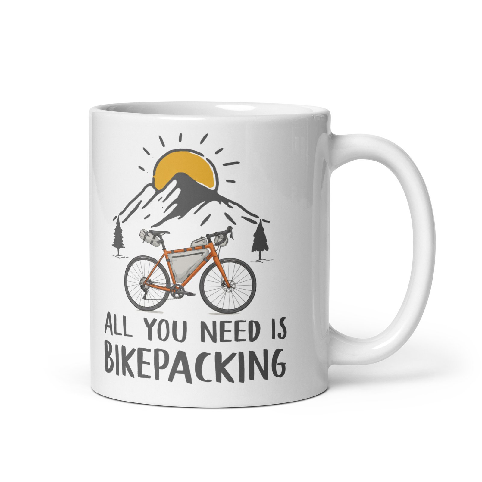 Taza ceramica All You Need Is Bikepacking vista derecha diseño bicicleta montañas sol