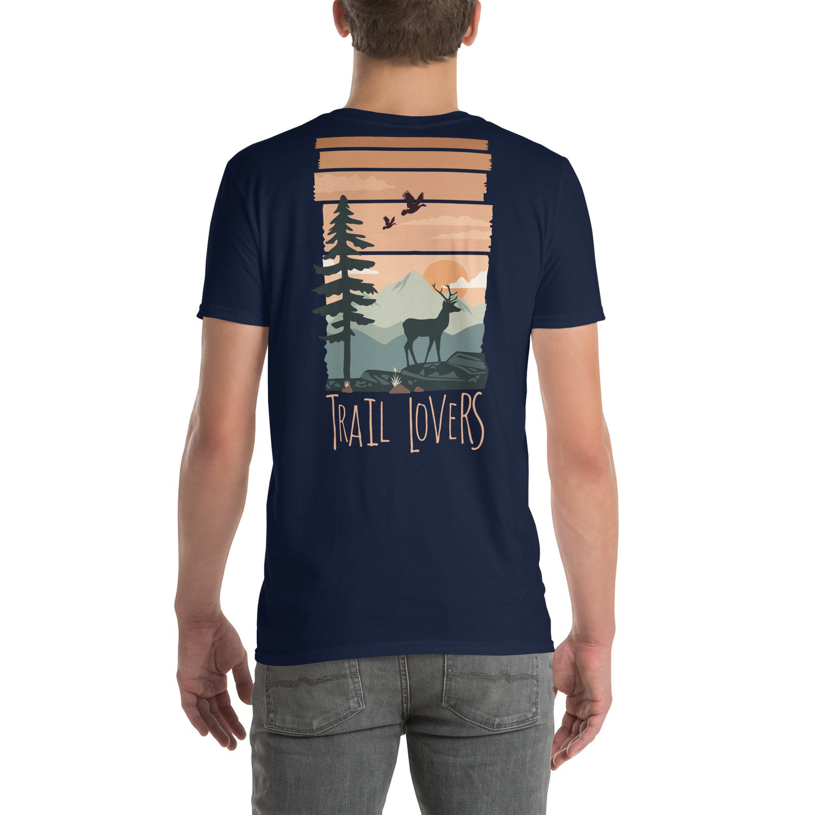 Camiseta azul marino hombre Trail Lovers diseño ciervo naturaleza espalda corte masculino