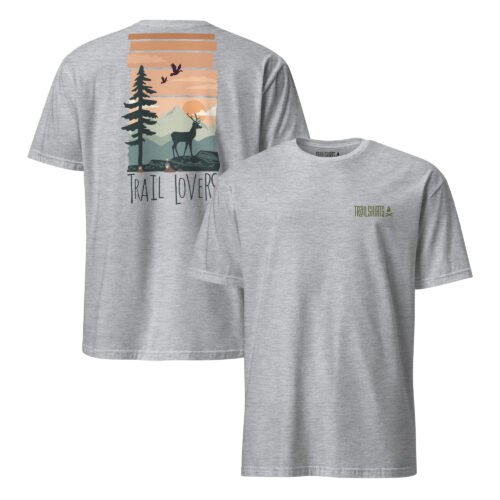 Camiseta gris claro unisex Trail Lovers diseño ciervo naturaleza montañas espalda hiking