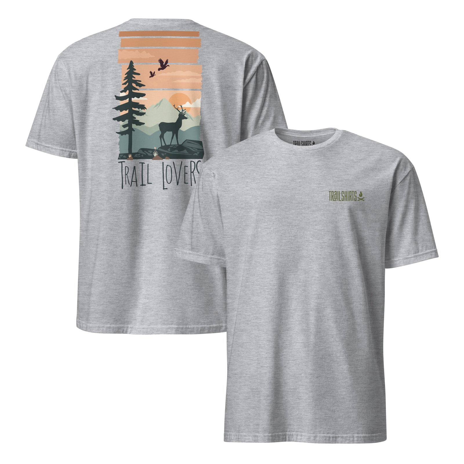 Camiseta gris claro unisex Trail Lovers diseño ciervo naturaleza montañas espalda hiking