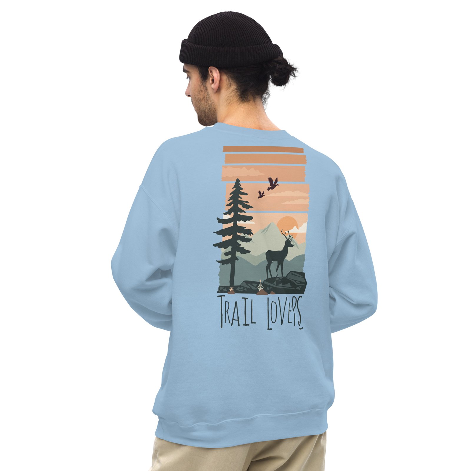 Sudadera azul claro hombre Trail Lovers diseño ciervo naturaleza espalda corte masculino