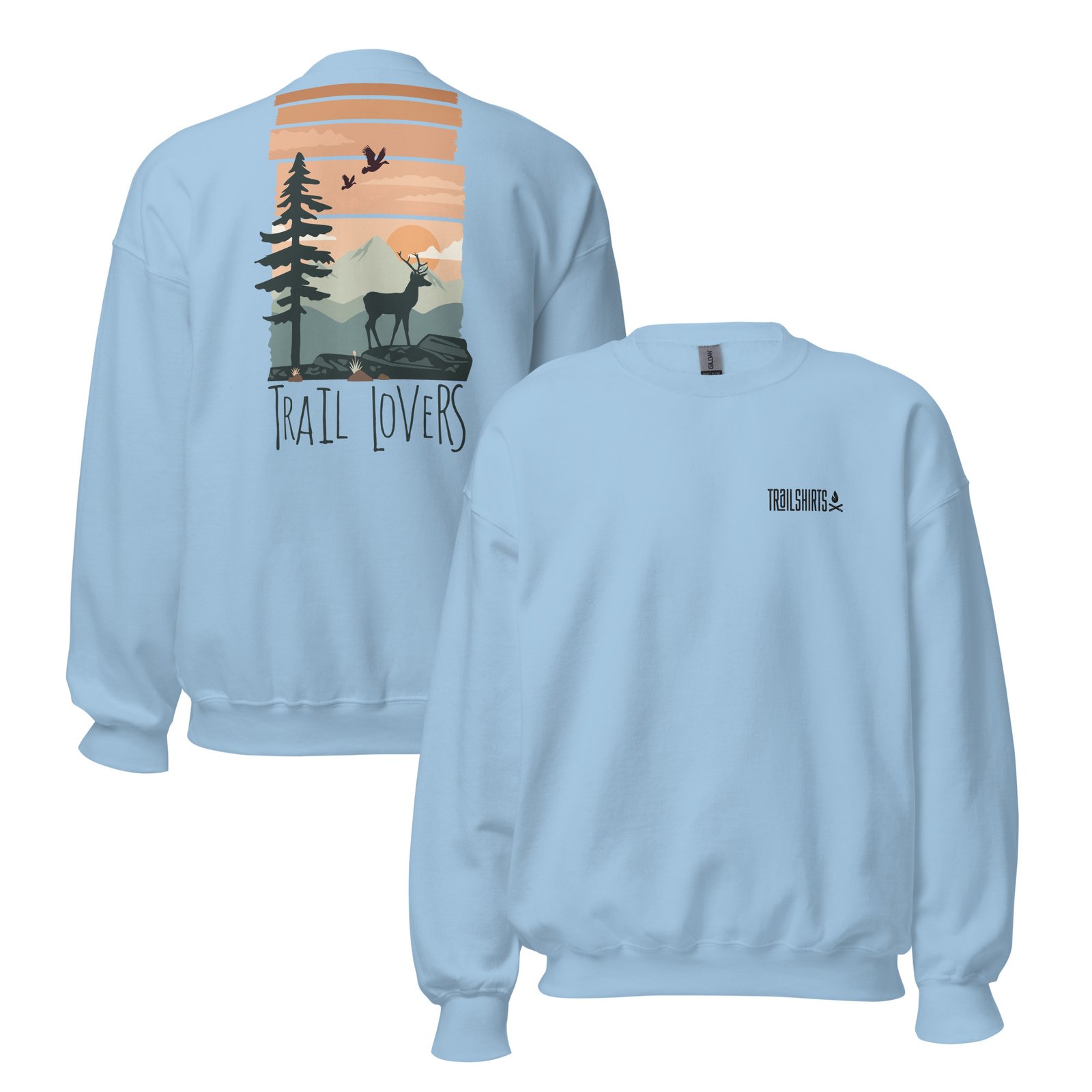 Sudadera azul claro unisex Trail Lovers diseño ciervo naturaleza espalda trail