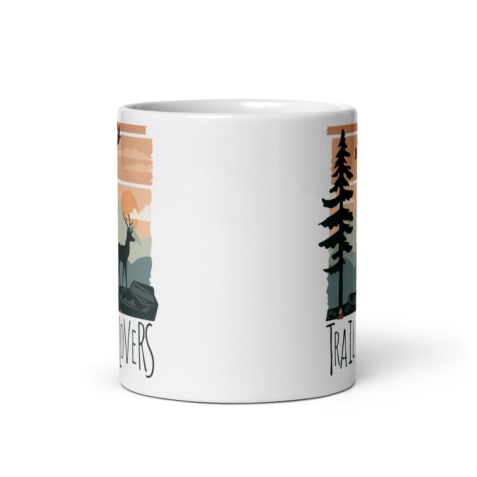 Taza ceramica Trail Lovers vista frontal diseño ciervo naturaleza montañas outdoor
