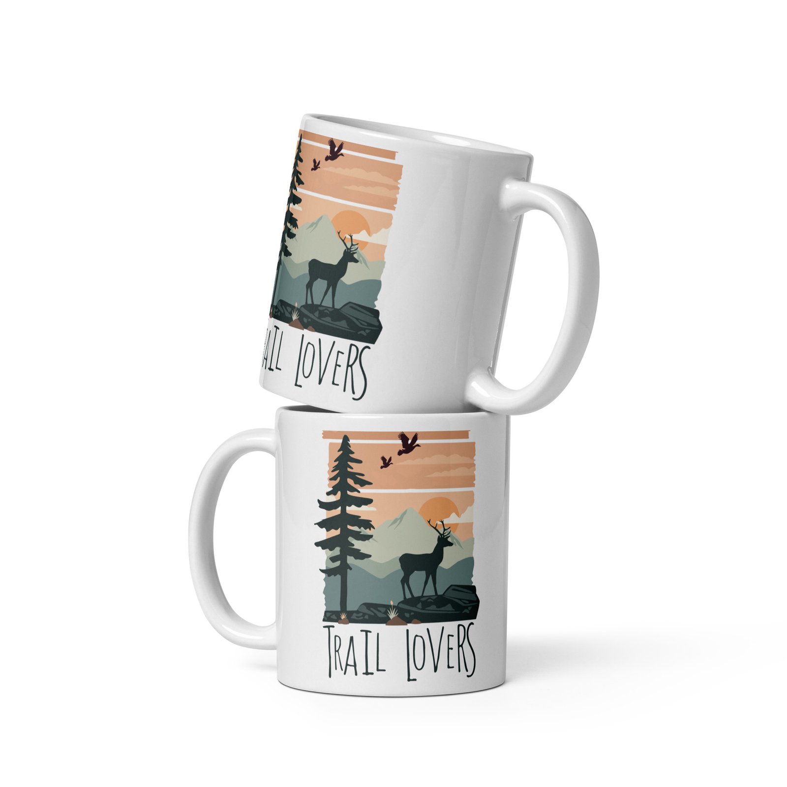 Tazas ceramica Trail Lovers apiladas diseño ciervo naturaleza pack doble hiking gift