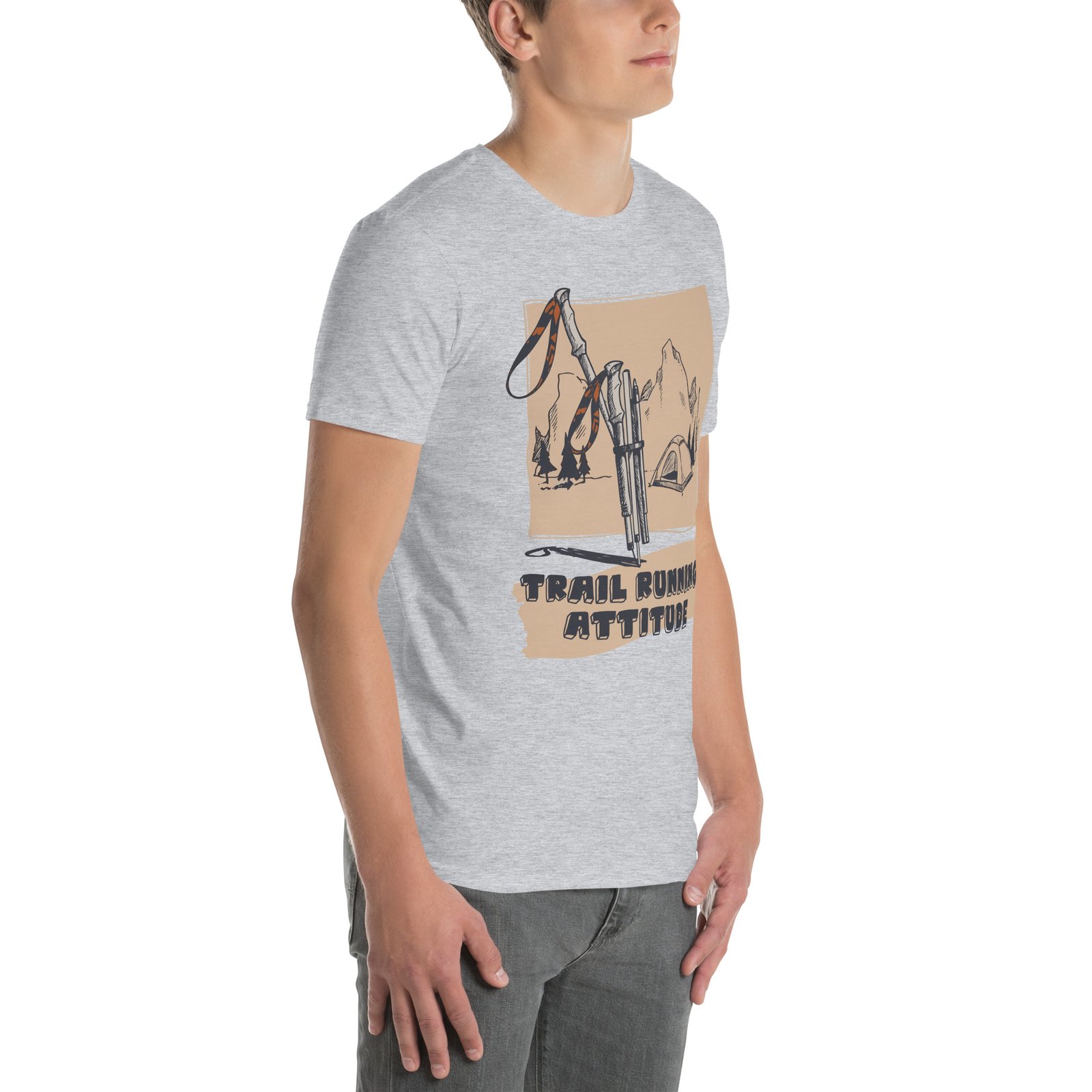 Camiseta gris claro hombre Trail Running Attitude diseño bastones montañas corte masculino