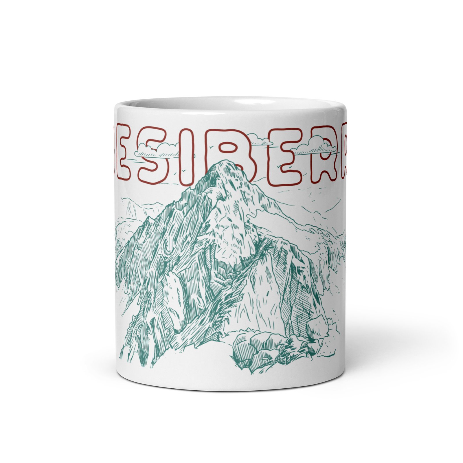 Taza con ilustración de montaña y la palabra resiste en vista CENTRAL