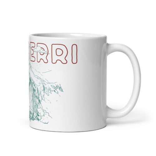 Taza con diseño de montaña y letras en color rojo.