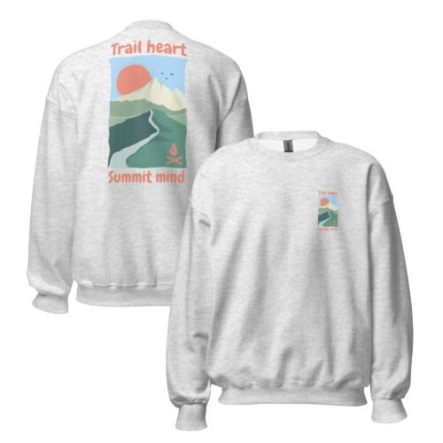 Sudadera gris unisex con diseño de montaña y texto Trail heart Summit mind.