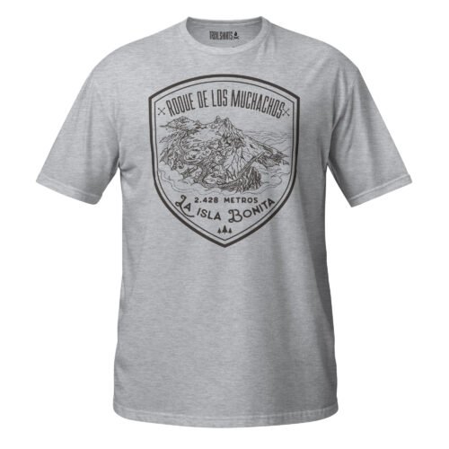 Camiseta gris unisex con diseño de Roque de los Muchachos y montañas.