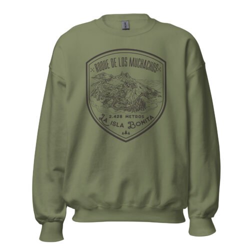 Sudadera verde con diseño de Roque de los Muchachos y paisaje montañoso.