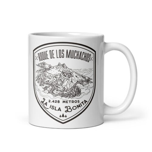 Taza vista lateral izquierda con diseño de Roque de los Muchachos en blanco y negro