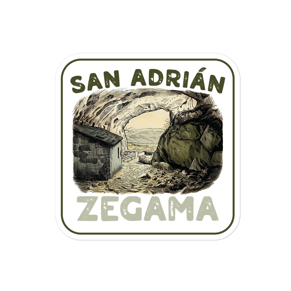 Ilustración de San Adrián en Zegama, con sendero en cueva y paisaje montañoso.