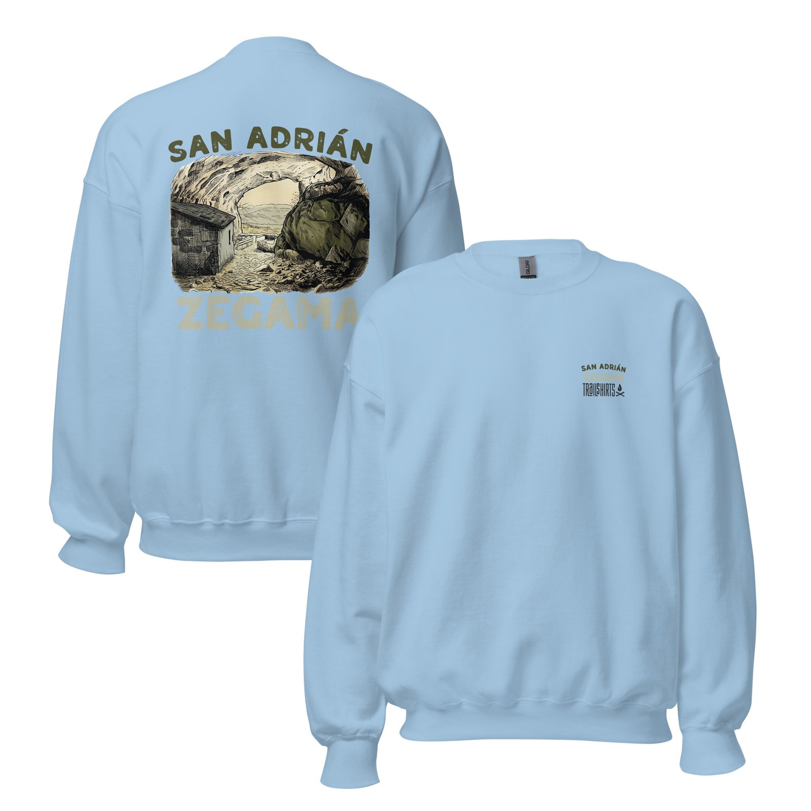 Sudadera unisex azul con diseño de San Adrián Zegama en la espalda.