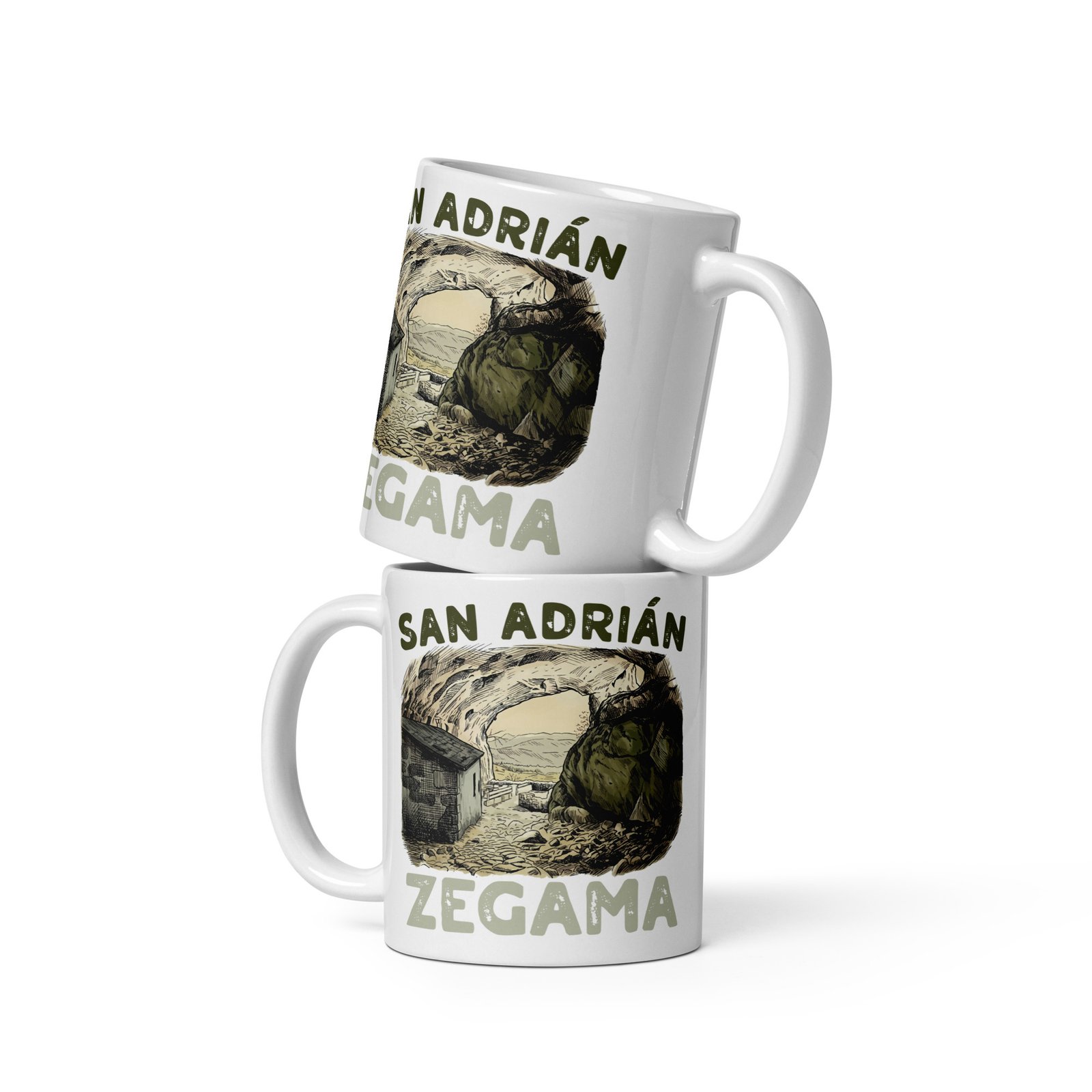 Tazas con diseño de cueva San Adrián Zegama, apiladas.