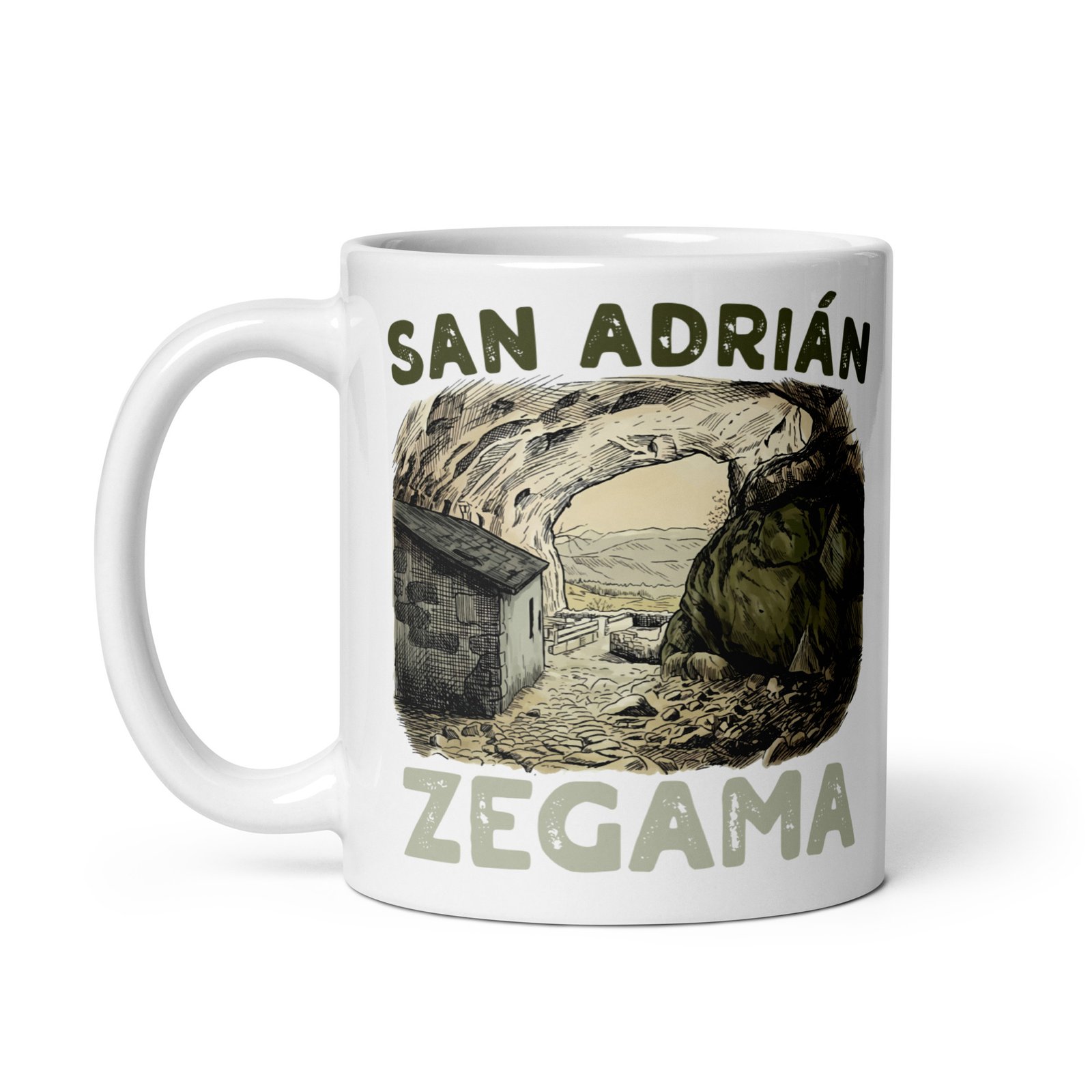 Taza con ilustración de cueva San Adrián y paisaje de montaña.