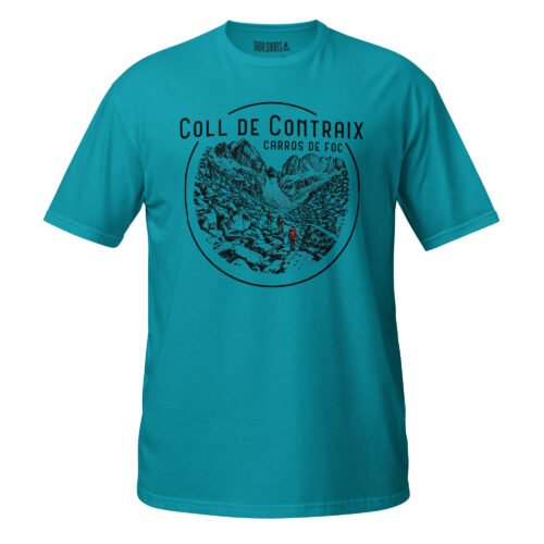 Camiseta turquesa con diseño de Coll de Contraix y montañas para aventuras de senderismo