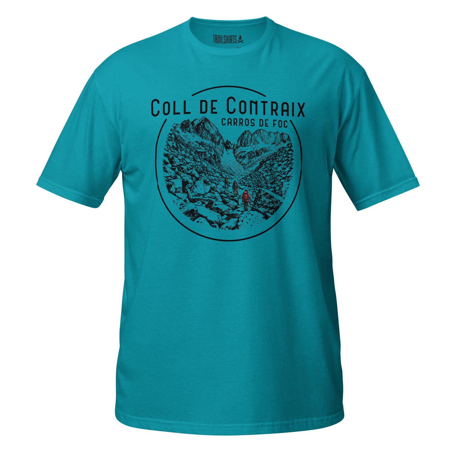Camiseta turquesa con diseño de Coll de Contraix y montañas para aventuras de senderismo
