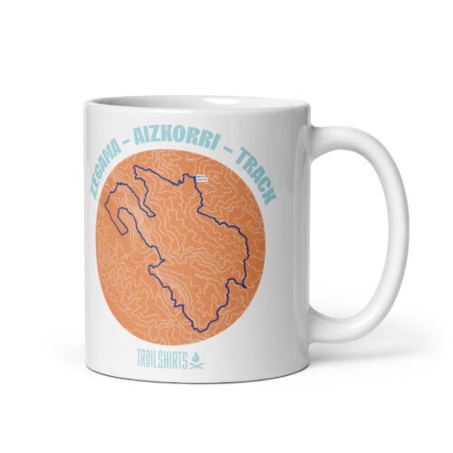 Taza vista lateral derecha con mapa de ruta Zegama Aizkorri en color naranja y azul.